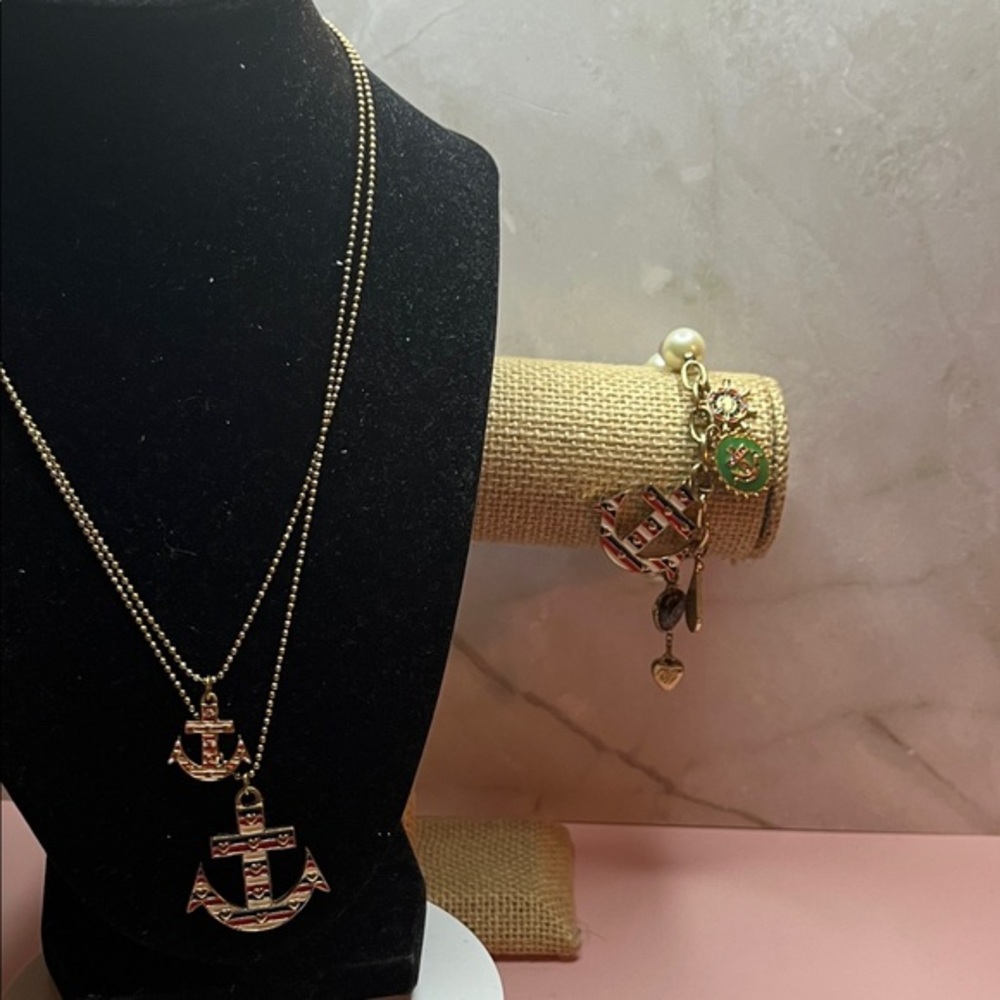Betsey Johnson Double Striped Anchor Necklace and Bracelet Set